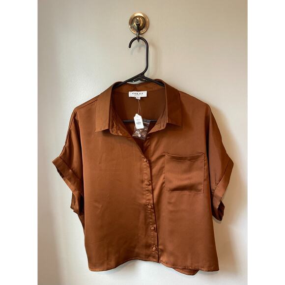 NWT GILLI Women's Oversized Flowy Button Down Cropped Shirt In Rust - Picture 1 of 5